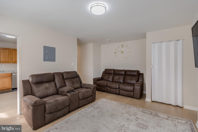 living room featuring light wood-type flooring and electric panel