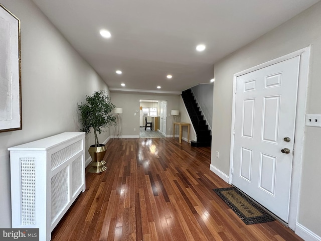 interior space with dark wood-type flooring