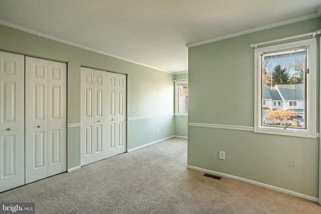 unfurnished bedroom featuring multiple closets, light colored carpet, and ornamental molding