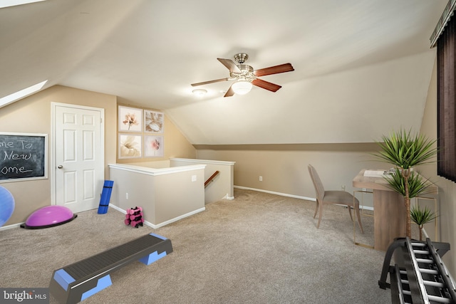 interior space with light carpet, ceiling fan, and lofted ceiling