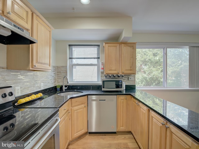 kitchen featuring stainless steel appliances, a sink, dark stone countertops, plenty of natural light, and under cabinet range hood