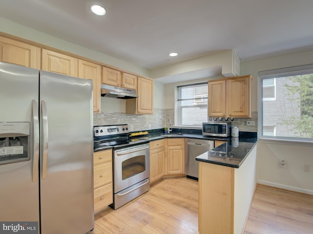 kitchen featuring light wood-style floors, a peninsula, stainless steel appliances, under cabinet range hood, and a sink