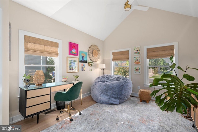 office with high vaulted ceiling, ceiling fan, beamed ceiling, and wood-type flooring