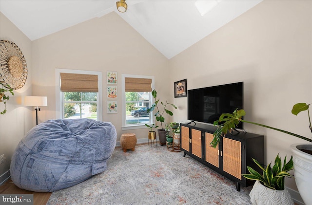 living room with hardwood / wood-style floors and high vaulted ceiling