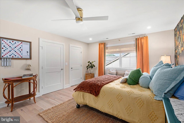 bedroom featuring ceiling fan and light wood-type flooring