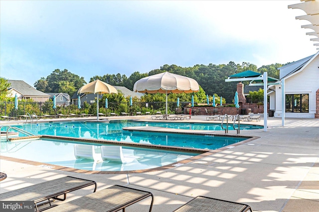 view of swimming pool featuring a patio