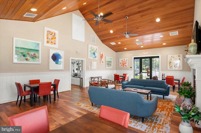 living room featuring high vaulted ceiling, ceiling fan, dark hardwood / wood-style floors, and wooden ceiling