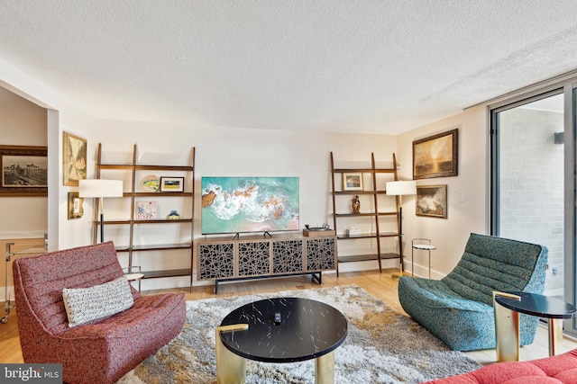 living room featuring a textured ceiling and light hardwood / wood-style floors