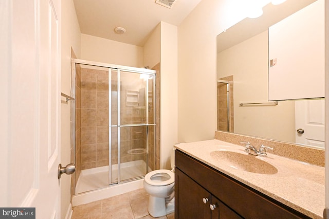 bathroom featuring tile patterned flooring, an enclosed shower, vanity, and toilet