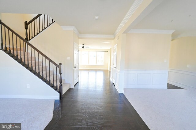 foyer entrance featuring hardwood / wood-style flooring, ceiling fan, and ornamental molding