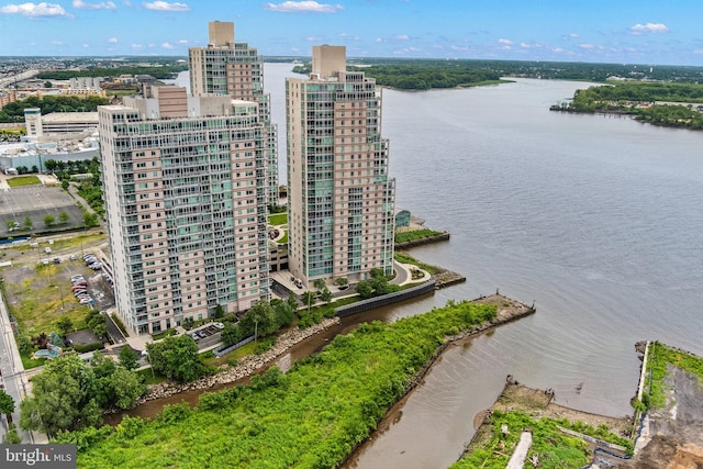 drone / aerial view with a water view and a city view