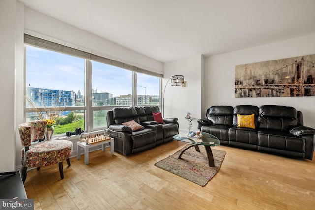 living room with light wood-style floors and a view of city