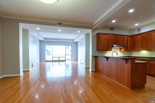 kitchen with a tray ceiling, a breakfast bar area, sink, and light wood-type flooring