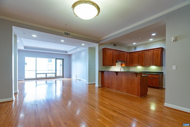 kitchen with light hardwood / wood-style floors, a raised ceiling, kitchen peninsula, and a kitchen bar