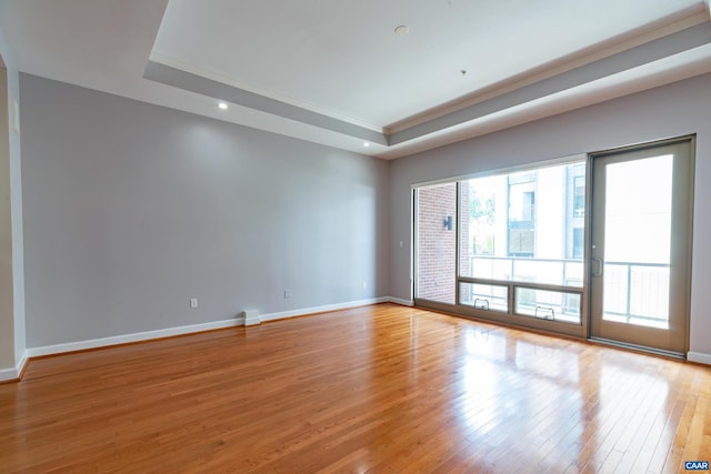 empty room featuring hardwood / wood-style floors and a raised ceiling