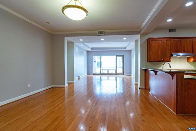 kitchen with light hardwood / wood-style floors, sink, crown molding, a raised ceiling, and a breakfast bar