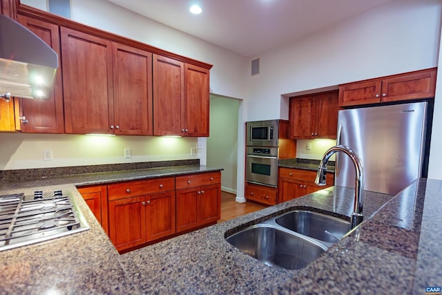 kitchen with sink, dark stone countertops, wood-type flooring, range hood, and stainless steel appliances