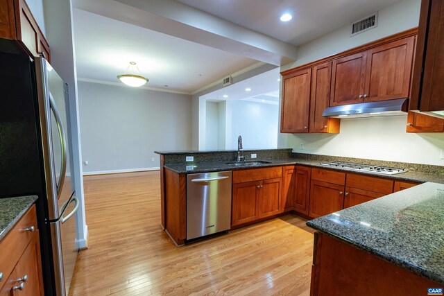 kitchen with sink, dark stone countertops, wood-type flooring, range hood, and stainless steel appliances