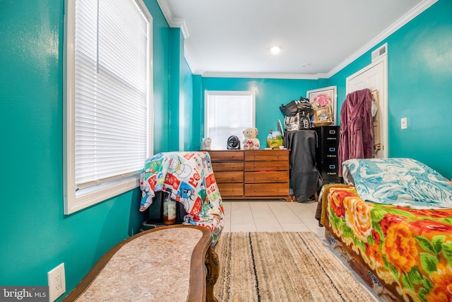 tiled bedroom featuring crown molding