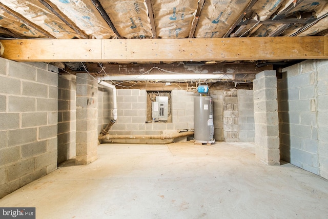 basement with electric panel and water heater