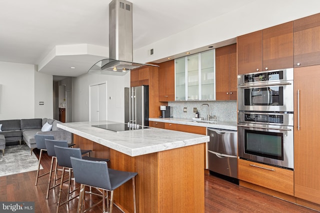 kitchen with sink, stainless steel appliances, island range hood, dark hardwood / wood-style flooring, and decorative backsplash