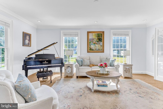 living room featuring light hardwood / wood-style flooring and crown molding