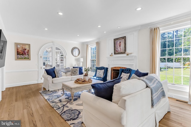 living room featuring crown molding and light hardwood / wood-style floors