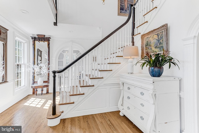 interior space featuring light wood-type flooring, ornamental molding, and a wealth of natural light