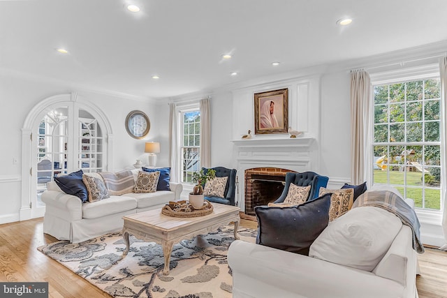 living room featuring light hardwood / wood-style flooring, a wealth of natural light, and crown molding