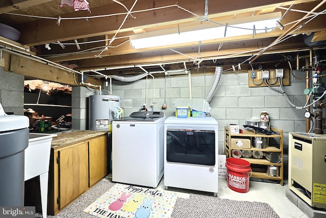 laundry area featuring water heater and washer and clothes dryer