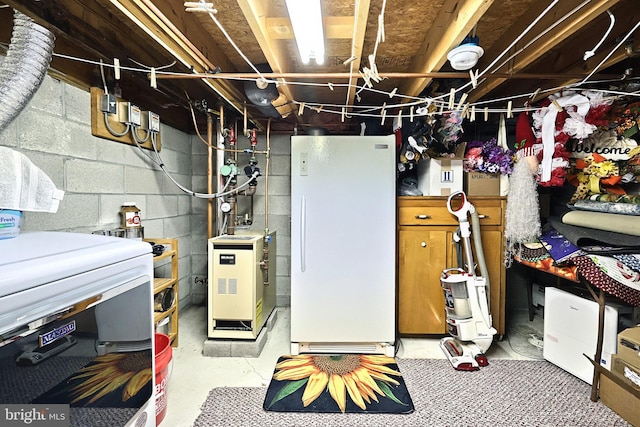 basement with white refrigerator