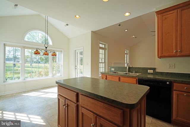 kitchen with light tile patterned floors, sink, black dishwasher, high vaulted ceiling, and a kitchen island