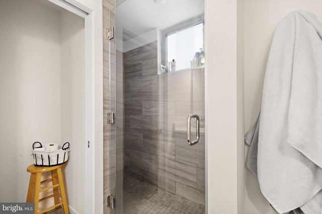 bathroom featuring a shower with door