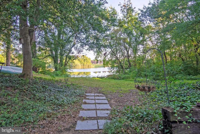 view of yard with a water view