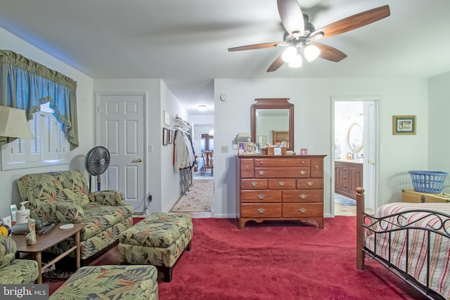 carpeted bedroom featuring ceiling fan, a closet, and connected bathroom