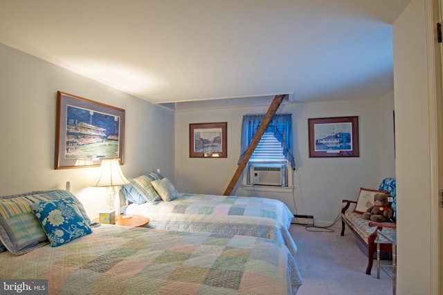 carpeted bedroom featuring cooling unit and a baseboard radiator