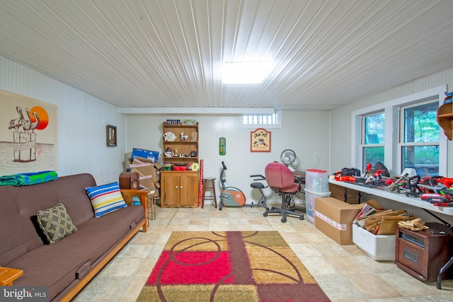 tiled home office featuring wooden ceiling