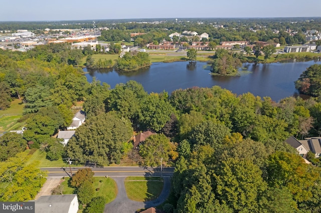 bird's eye view featuring a residential view and a water view