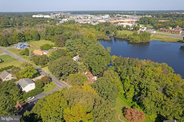 aerial view with a water view and a view of trees