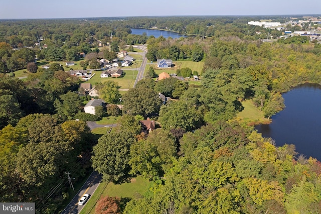 birds eye view of property featuring a water view and a forest view