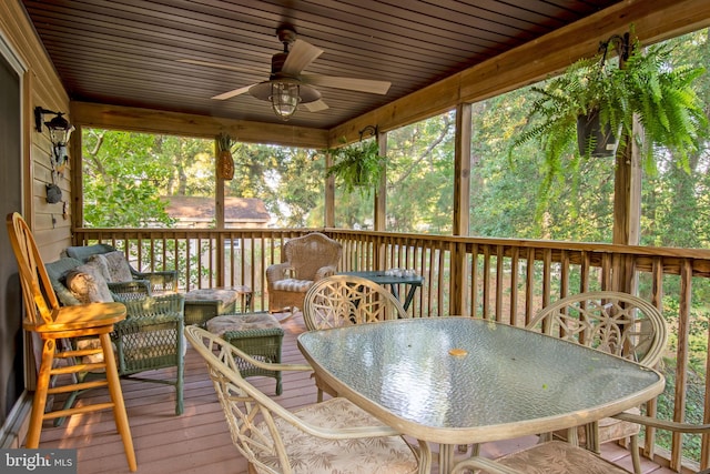 sunroom / solarium featuring ceiling fan and wood ceiling