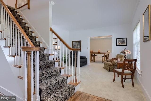 stairway featuring ornamental molding, plenty of natural light, and hardwood / wood-style floors