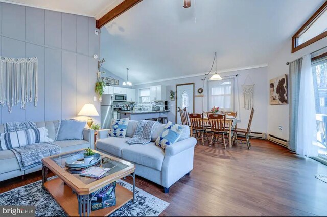 living room featuring beamed ceiling, high vaulted ceiling, and dark wood-type flooring