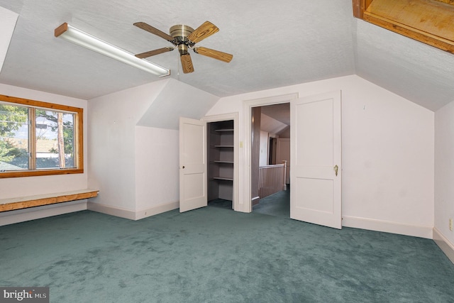 additional living space featuring a textured ceiling, carpet, and lofted ceiling