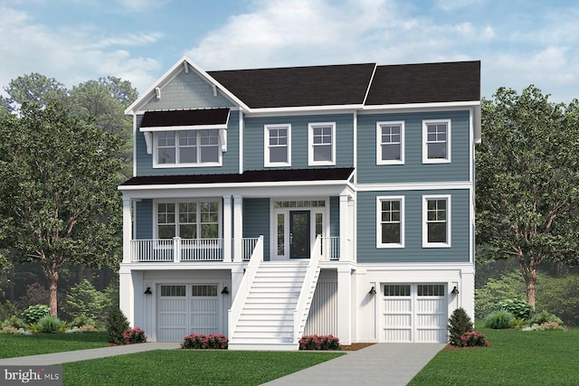 view of front of home featuring covered porch, a front yard, and a garage