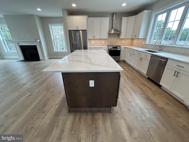 kitchen with appliances with stainless steel finishes, plenty of natural light, a kitchen island, and sink