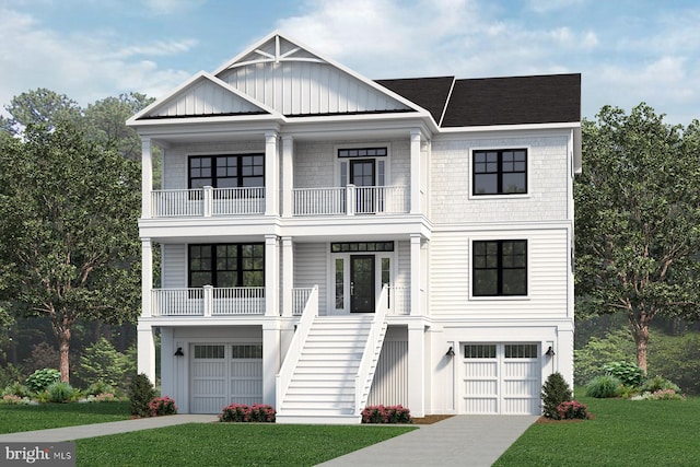 view of front facade featuring a balcony, a garage, and a front lawn