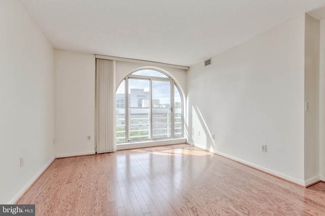 empty room with light wood-type flooring and a textured ceiling