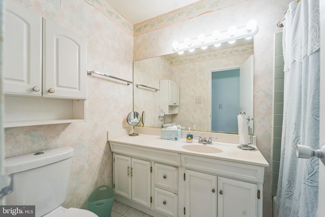 130 Slade Ave Unit 213, Pikesville, MD 21208 - bathroom featuring wallpapered walls, toilet, curtained shower, and vanity