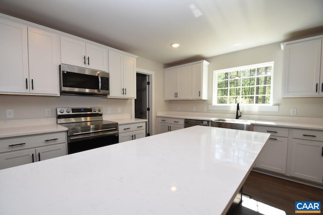 kitchen with white cabinets, stainless steel appliances, a sink, and recessed lighting